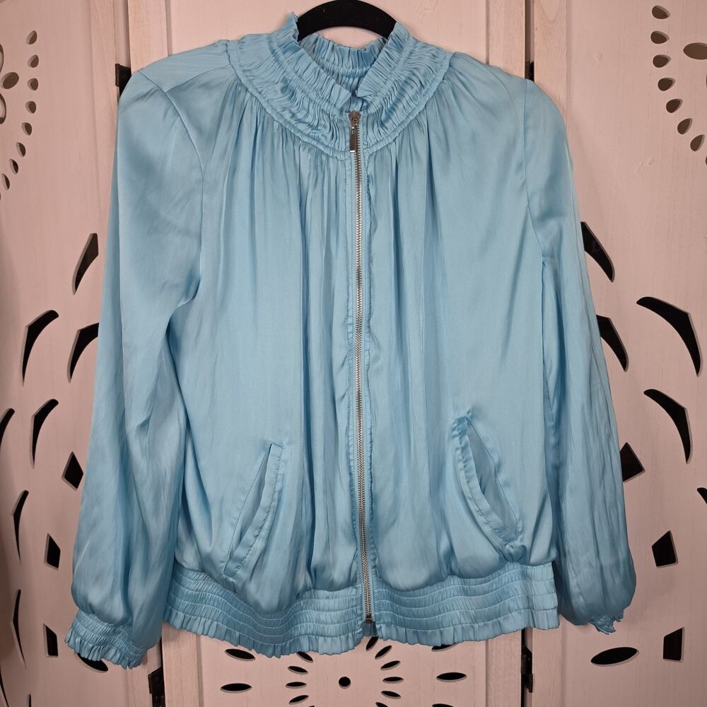 Chicos Satin Zip-Up Fairy Style bomber Aqua with Ruffled Collar Size 1